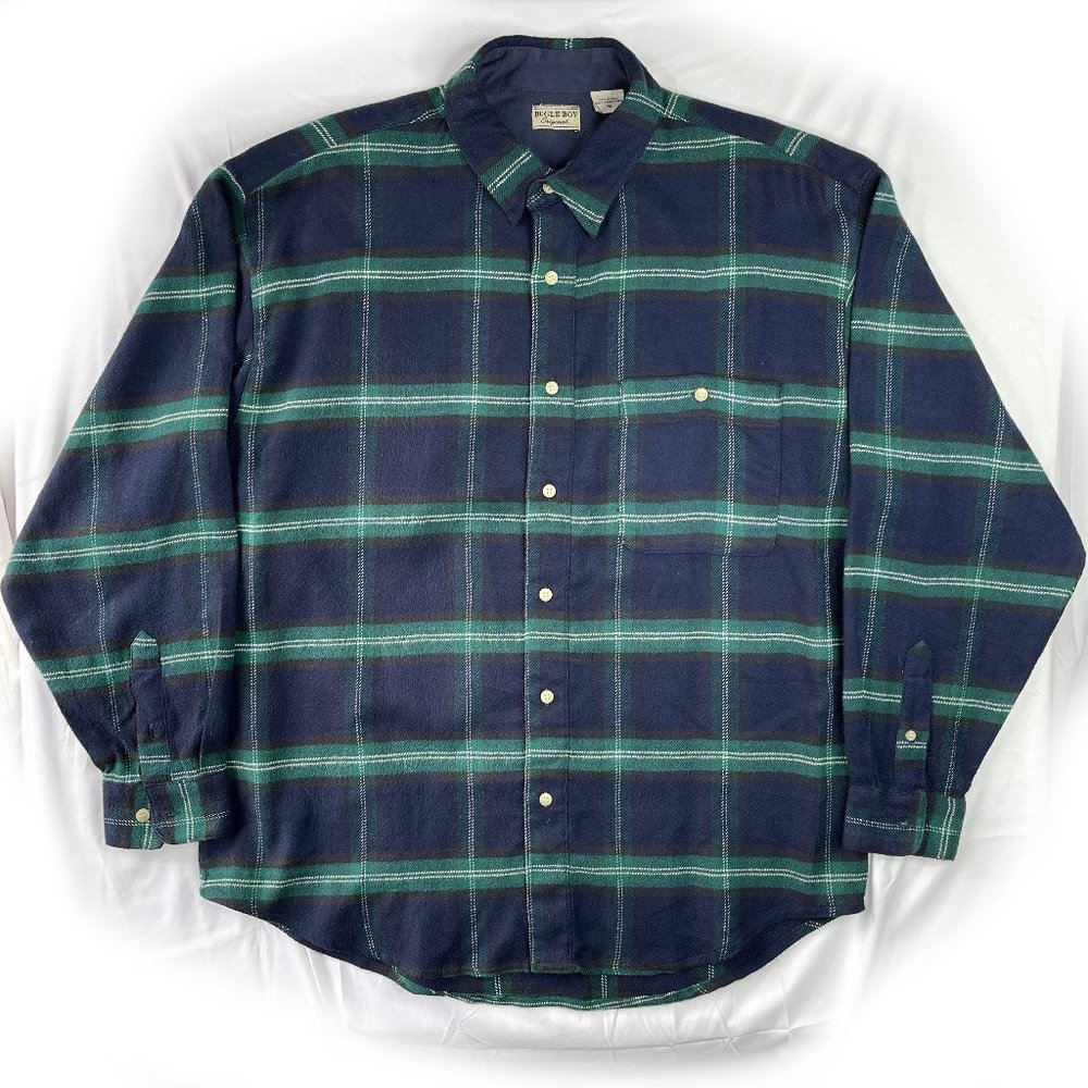 Vintage Bugle Boy PLAID Shirt Men's XL Green Flannel Long Sleeve Button Down